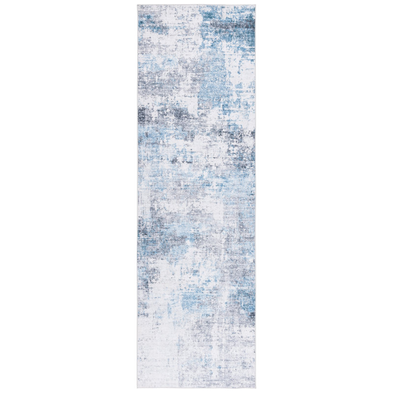 Tapis en polyester tissé à la machine Tamani bleu / blanc / gris, Tapis de couloir 2 pi 6 po x 8 pi