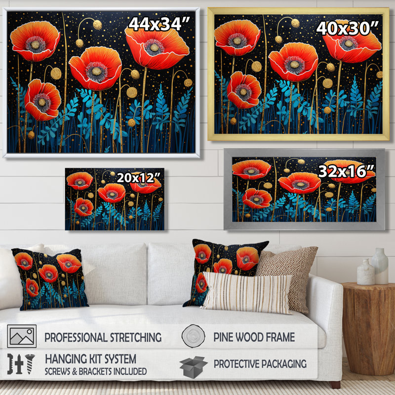Quatre coquelicots seuls dans la nuit - salon d'art mural coquelicots, Toile tendue, H 34 po x l 44 po x P 1,5 po