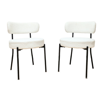 White Dining Chair Of 2 With Mid - Century Design, Curved , Black Metal Legs, Round Thickened 10cm Cushion, Rotatable Foot Pad, And Elegant Appearance In Room Chairs Boucle Upholstered Comfortable