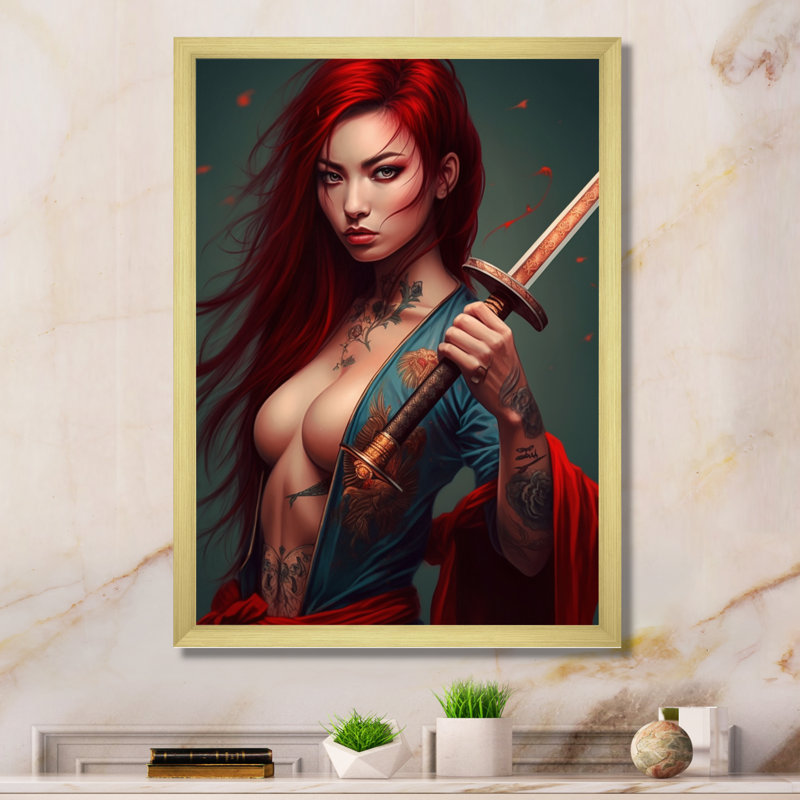 Fierce Samurai Girl III - impression, H 20 po x l 12 po x P 1 po, Encadrement doré