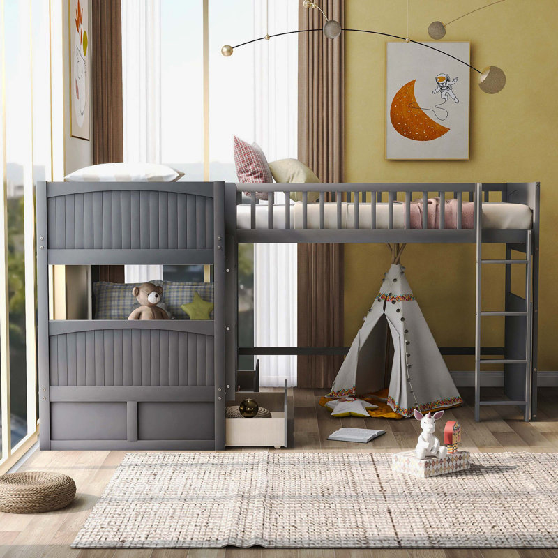 Lit simple superposé simple avec section de lit mezzanine attachée et deux tiroirs de rangement pratiques, gris, Gris