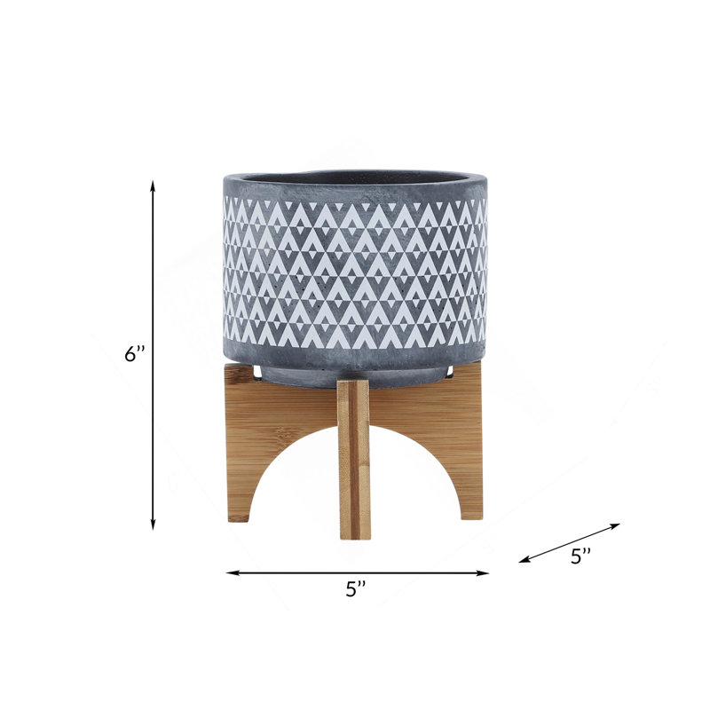 Ceramic 5" Aztec Planter on Wooden Stand, Gray, 6" H x 5" W x 5" D