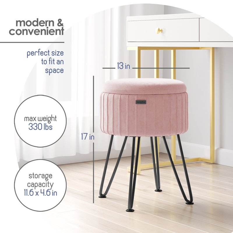 Round Pleated Velvet Ottoman with Storage, Pink, Black
