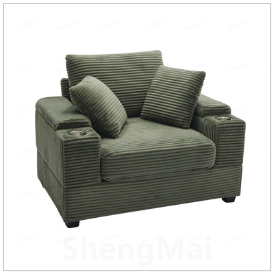 Corduroy Upholstered Chaise Lounge Sofa with Handrail Storage, Movable Ottoman, Cupholders, and Detachable Cushions for Deep Seating Comfort