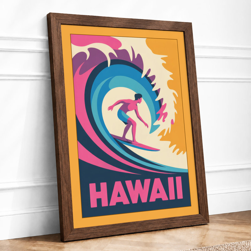 Surfer in the Swell Retro - Framed Print, A4 - 29.7 x 21.0 cm, Walnut