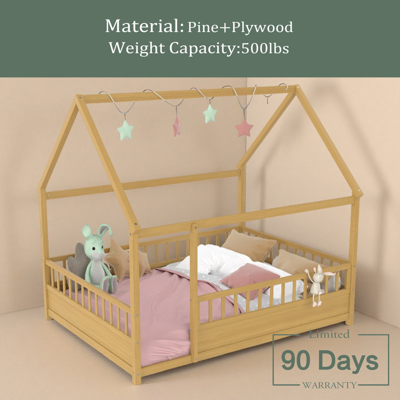 Floor Bed With House Roof Frame, Fence Guardrails, Full