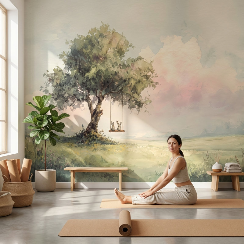 Watercolor Landscape Wallpaper Serene Nature Wall Mural, 180"x120", Non-Woven Nonpasted