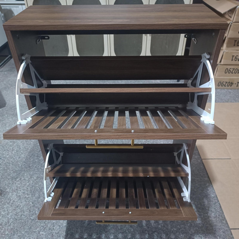 23.6-Inch Walnut Shoe Cabinet, Medieval Modern Independent Shoe Cabinet, Fence Shoe Cabinet With 2 Flip Drawers, Suitable For Corridors And Entrances