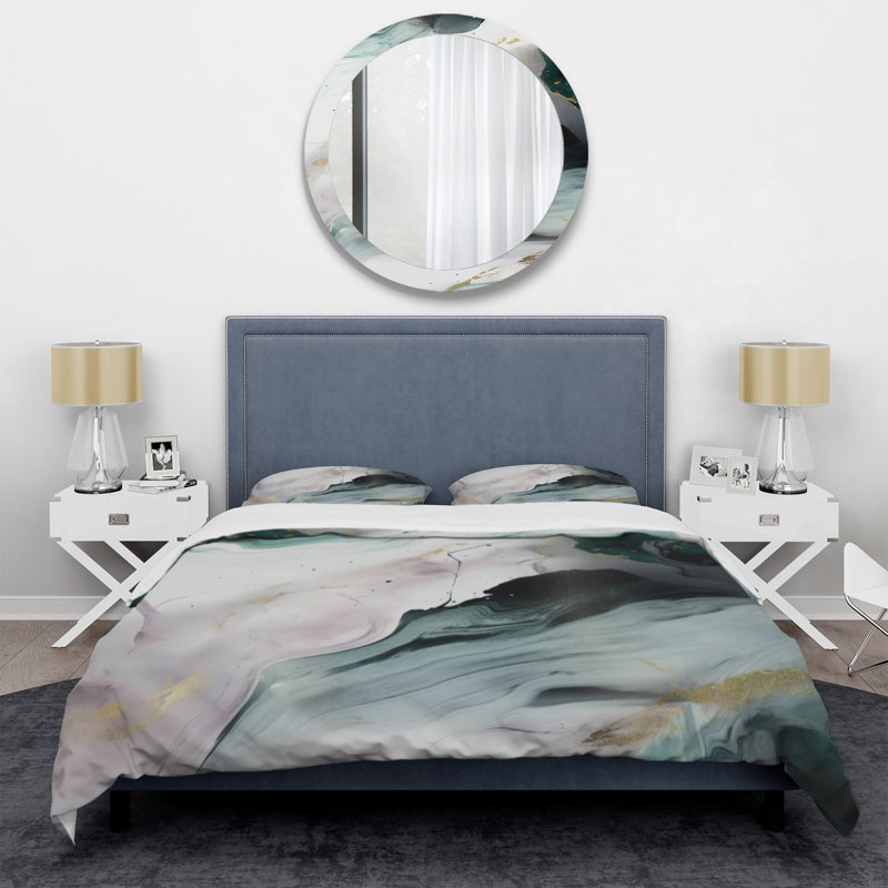 Ensemble de housse de couette en microfibre / polyester vert et blanc Contemplative Abstraction II Bedding