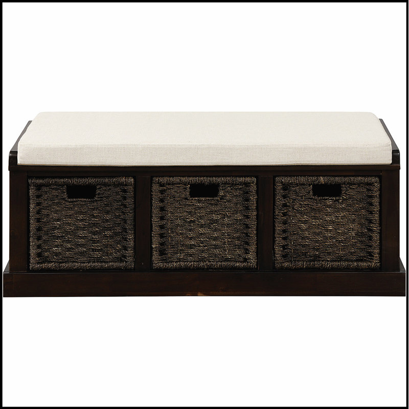 Banc de rangement avec panier en rotin classique amovible, banc d'entrée avec coussin amovible, Espresso/blanc