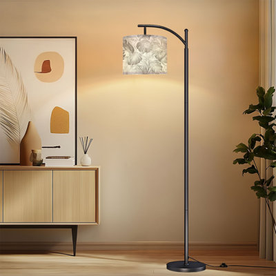 Arc Floor Lamp with Adjustable Lampshade Monochrome Tropical Leaves Marble Standing Lamp 3 Color Temperatures Dimmable Tall Pole Lamp with Foot Switch for Bedroom