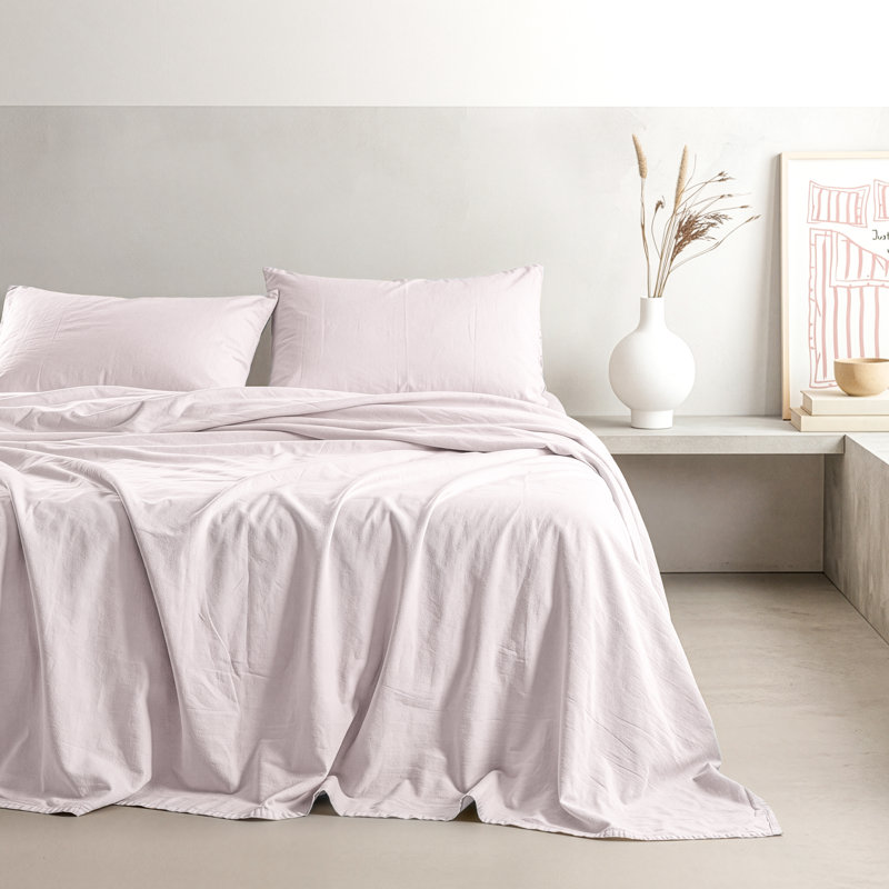 100% Washed Cotton Percale Sheet Set - Includes 1 Flat Sheet, 1 Fitted Sheet and 2 Pillowcases, Blush