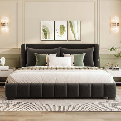 Queen Size Upholstered Platform Bed with 2 Pillows