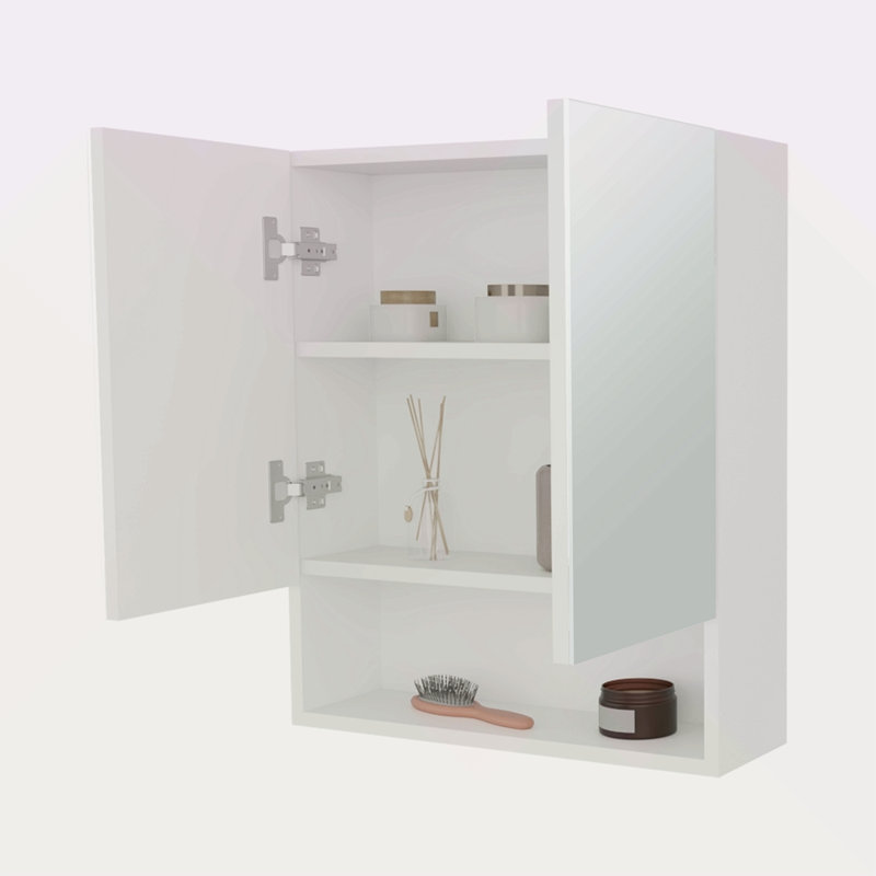 Pharmacie avec portes en miroir et rangement ouvert