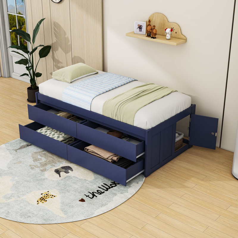 Lit plateforme en bois avec 4 tiroirs et sommier à lattes, Twin, Navy Blue