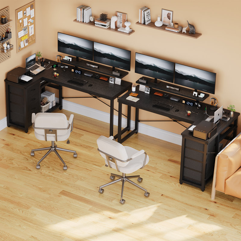 L-Shaped Metal Base Computer Desk, Black