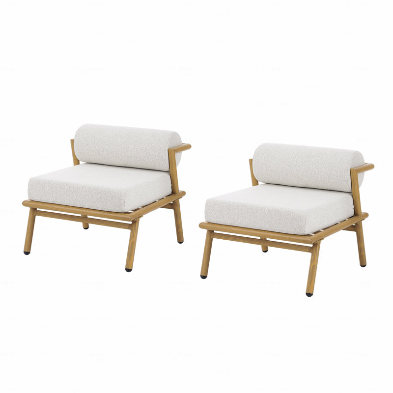 Set Of 2 Outdoor Patio Club Chair, Teak Finished Iron With Off White Cushion