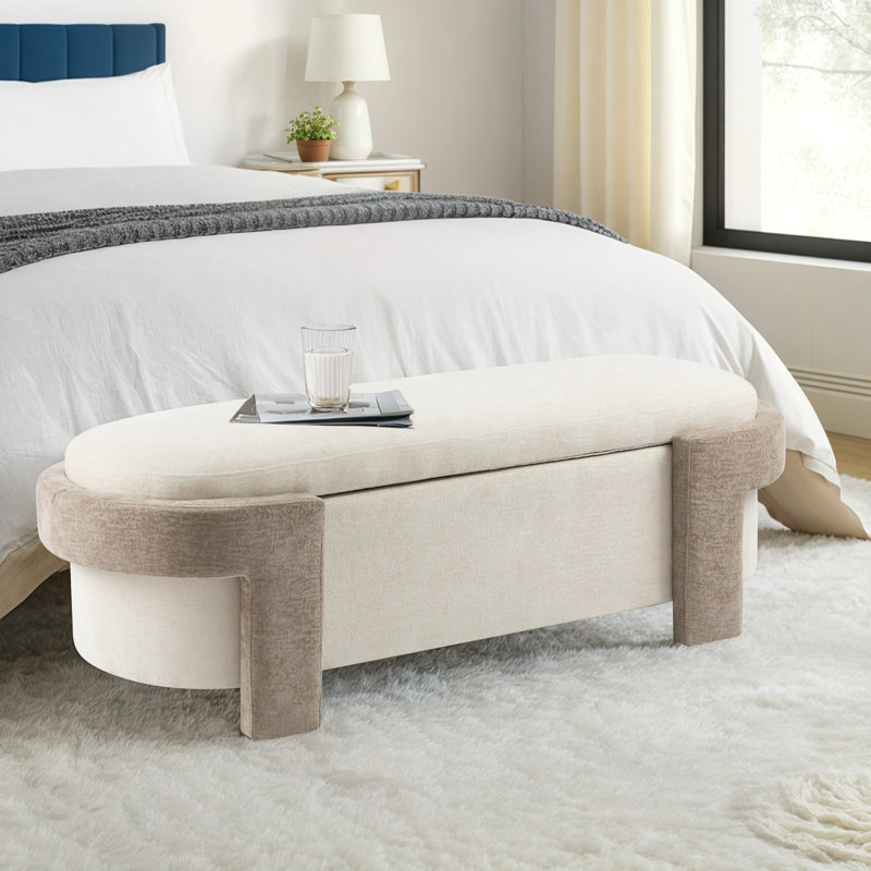 Grand banc de rangement rembourré en tissu Raye avec fabrication durable et design élégant, Chameau clair