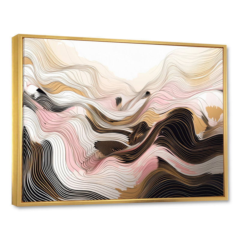 Exploration de lignes abstraites en V sur toile, H 34 po x l 44 po x P 1,5 po, Cadre flottant doré