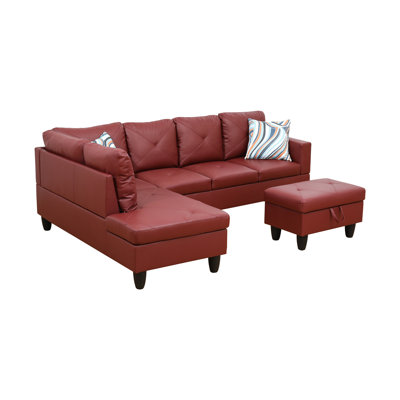Red Faux Leather 3-Piece Sectional Sofa Set with Storage Ottoman
