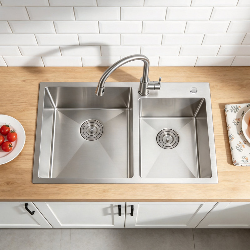 32"L × 19"W Drop-in Double Bowl Stainless Steel Kitchen Sink, Brushed Nickel