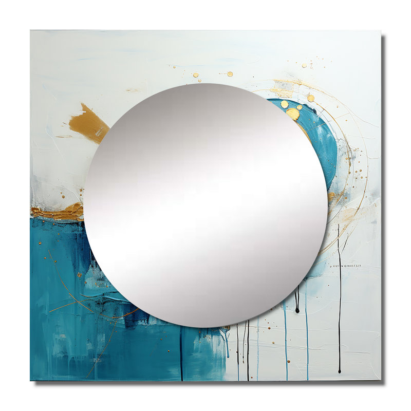 Décoration murale sarcelle circulaire à sensibilité dorée II - miroir carré abstrait pour chambre à coucher, 36 po x 36 po