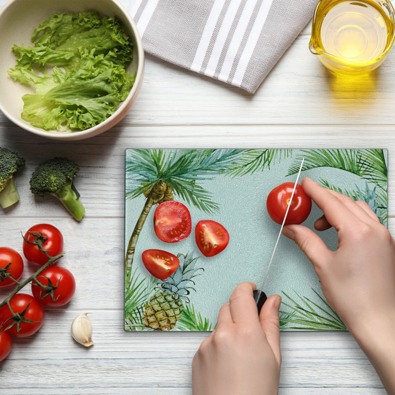 Ambesonne Tropical Tempered Glass Cutting Board Frame Style Palm Trees Multicolor