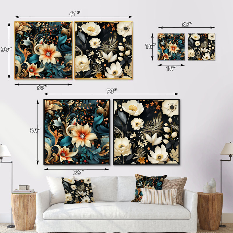 Witham - Ensemble de 2 collages floraux et botaniques carrés, Cadre flottant noir, H 16 po x l 33 po
