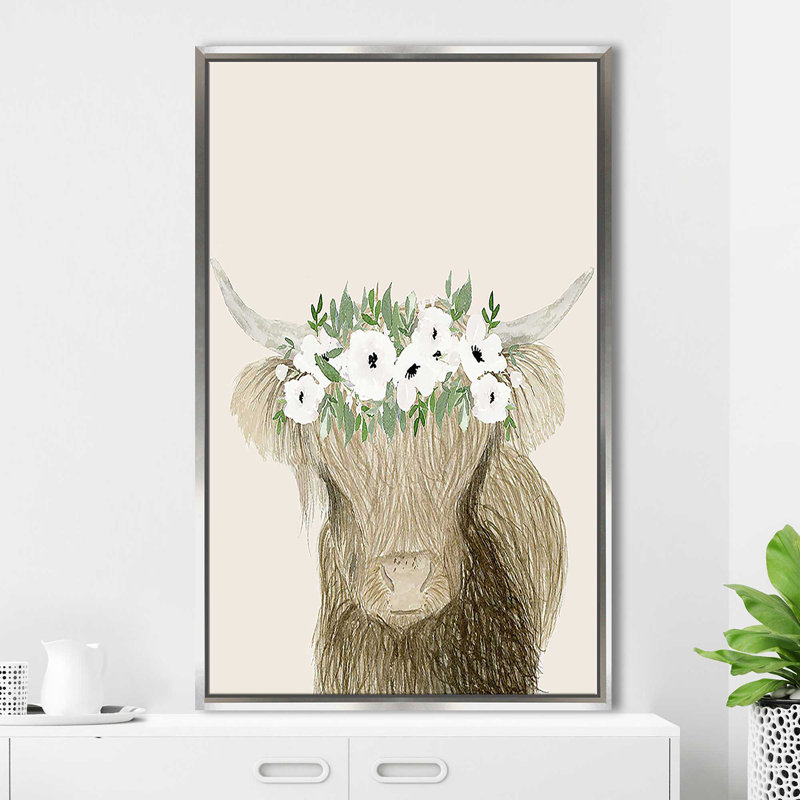 «Floral Crown Cow» par Lucille Price - Peinture, H 43,5 po x l 27,5 po x P 2 po, Cadre flottant argent