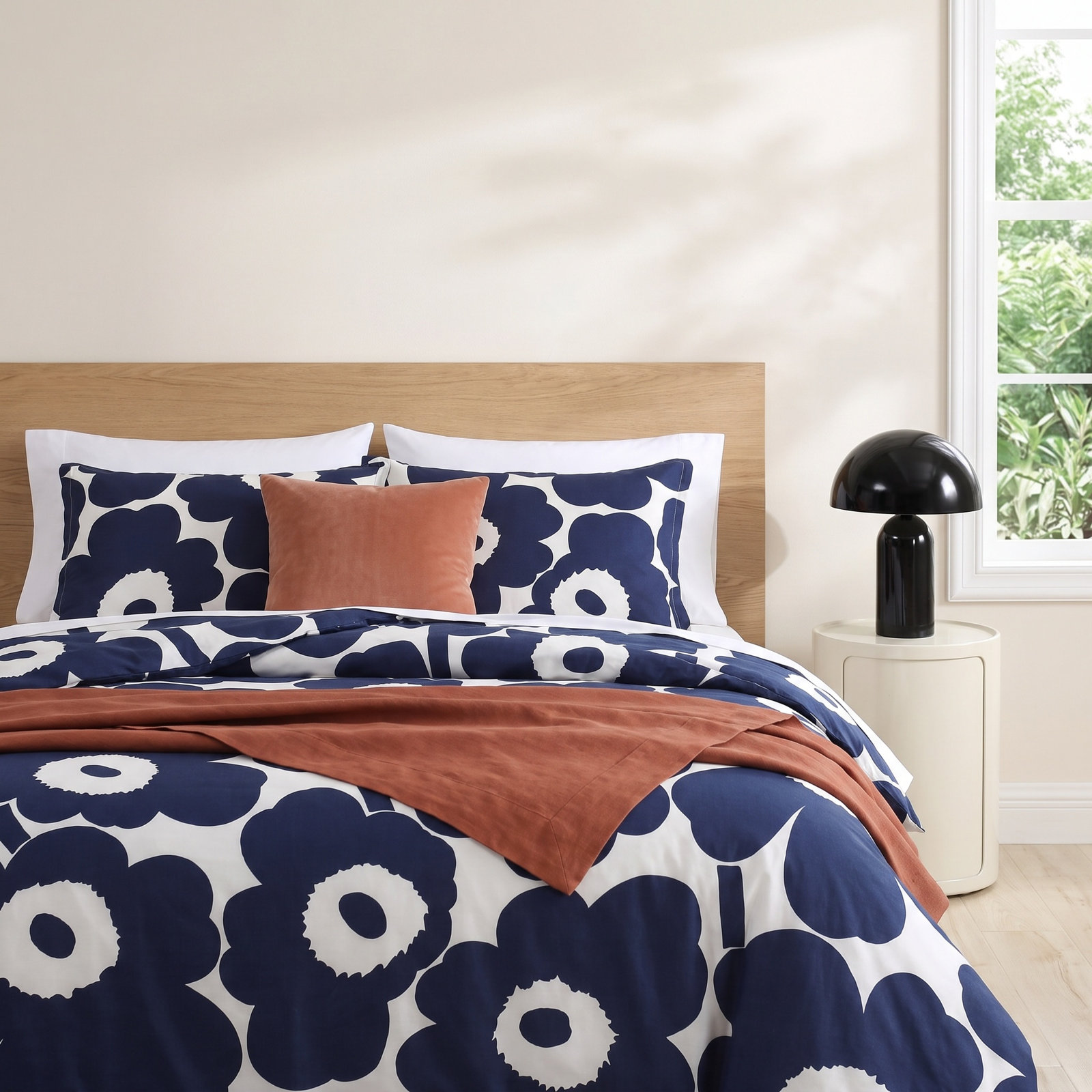 Marimekko Unikko Cotton Blue Duvet Cover Set, King Duvet Cover + 2 King Shams, Indigo Blue/White Floral