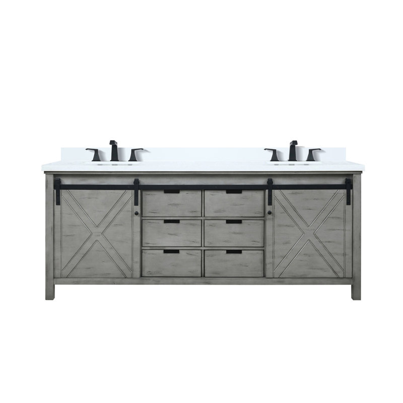 Meuble-lavabo double gris cendre 80 po X P 22 po D, ensemble de comptoir et robinet en marbre de culture, Bois de frêne gris