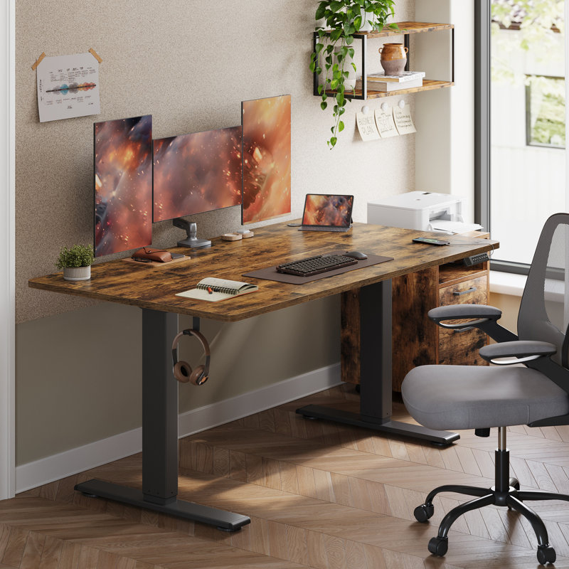 Adjustable Metal Base Standing Desk with Power Outlet, Brown/Black, 140cm W x 80cm D