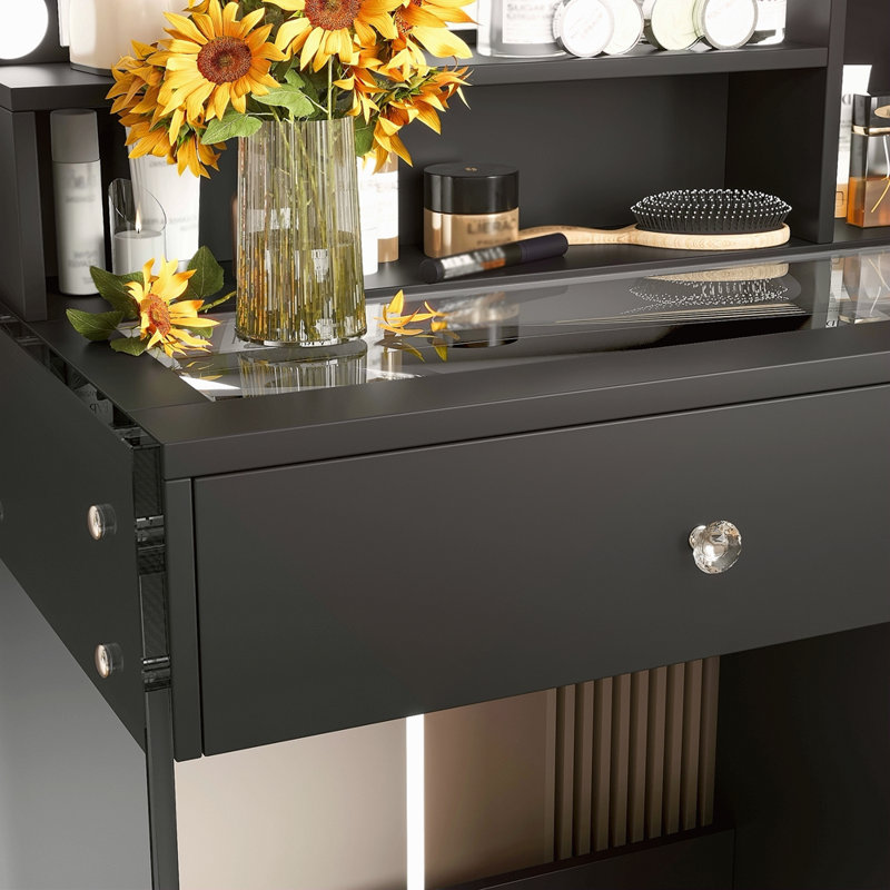 Bureau de coiffeuse avec miroir et 3 modes d'éclairage, coiffeuse de maquillage avec plateau en verre et tablettes de rangement, coiffeuse avec 2 tiroirs et armoire