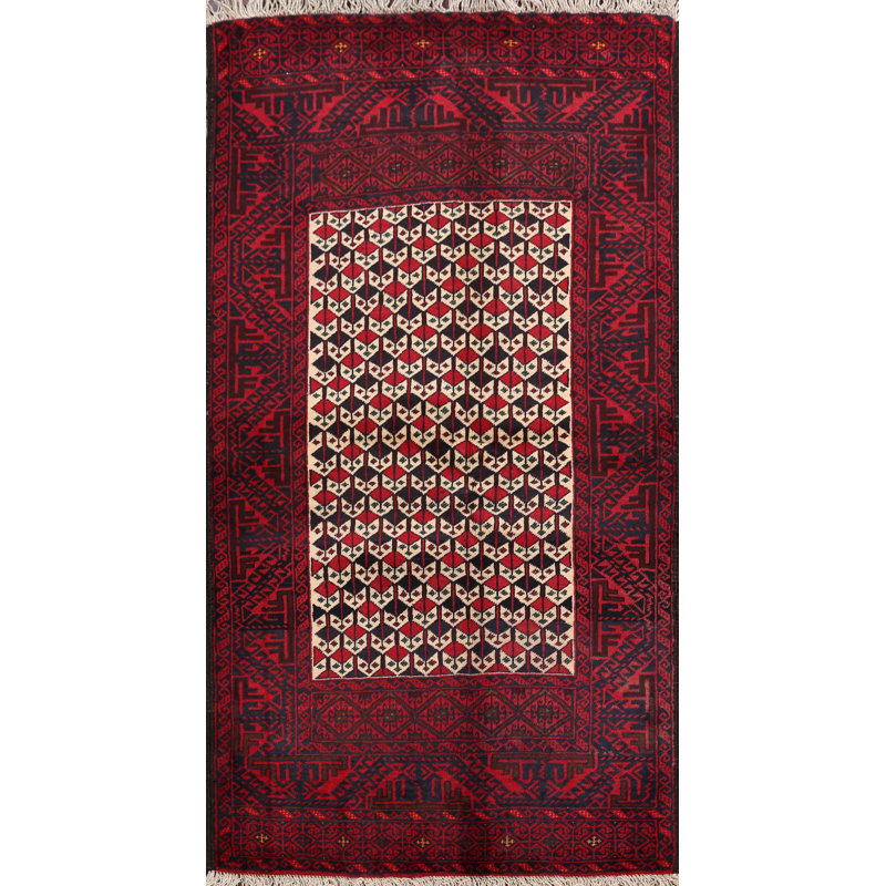 Tapis décoratif en laine noué à la main de conception unique noué à la main rouge/bleu marine 3 pi 2 po x 5 pi 5 po