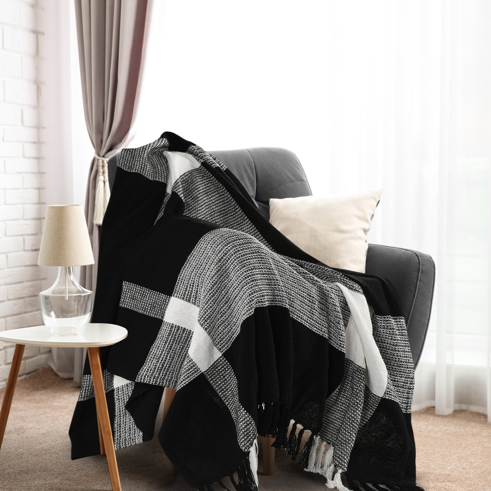Plaid Cotton Throw Blanket, Black
