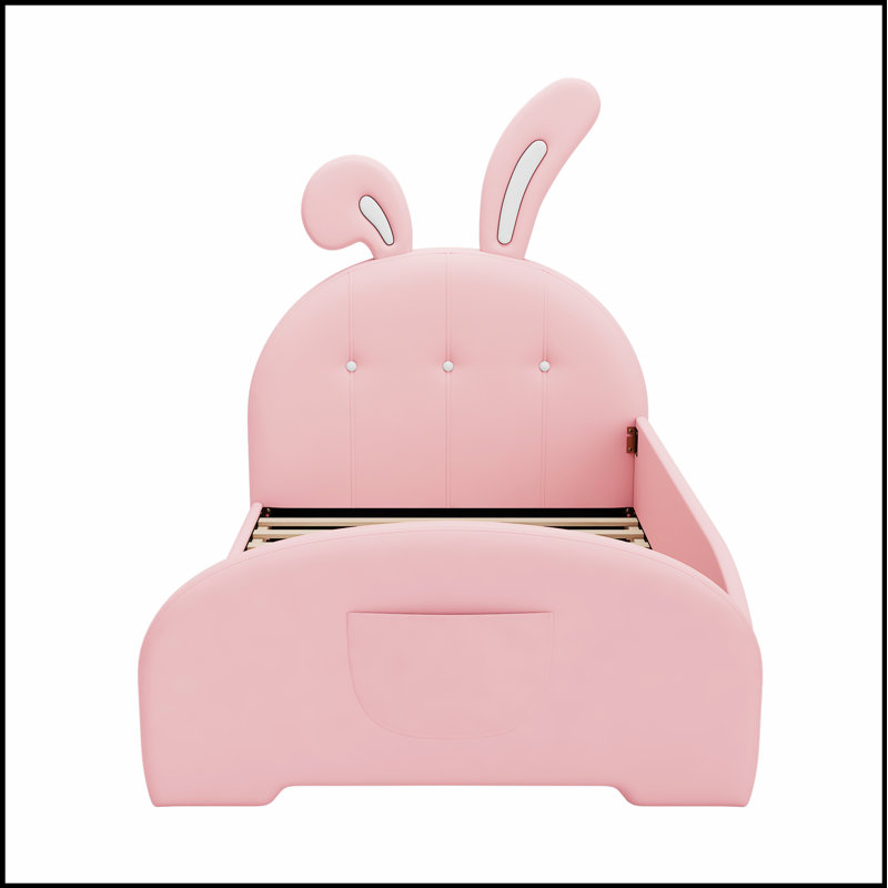 Lit princesse rembourré en forme de lapin, lit plateforme avec tête de lit et pied de lit pour un sommeil enchanteur, Rose