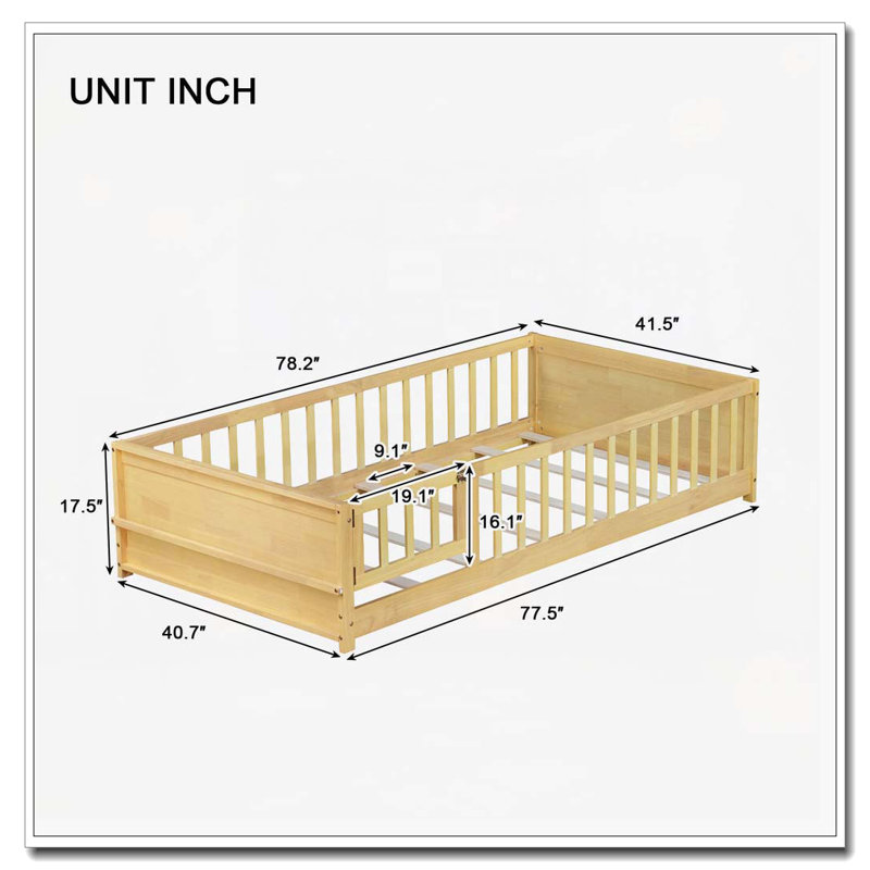 Floor Platform Bed with Built-in Book Rack, Natural