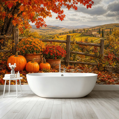 Papier peint pelez et collez, automne, citrouille, ferme, paysage, feuilles d'érable colorées, pots de fleurs, art mural rustique, auto-adhésif et amovible