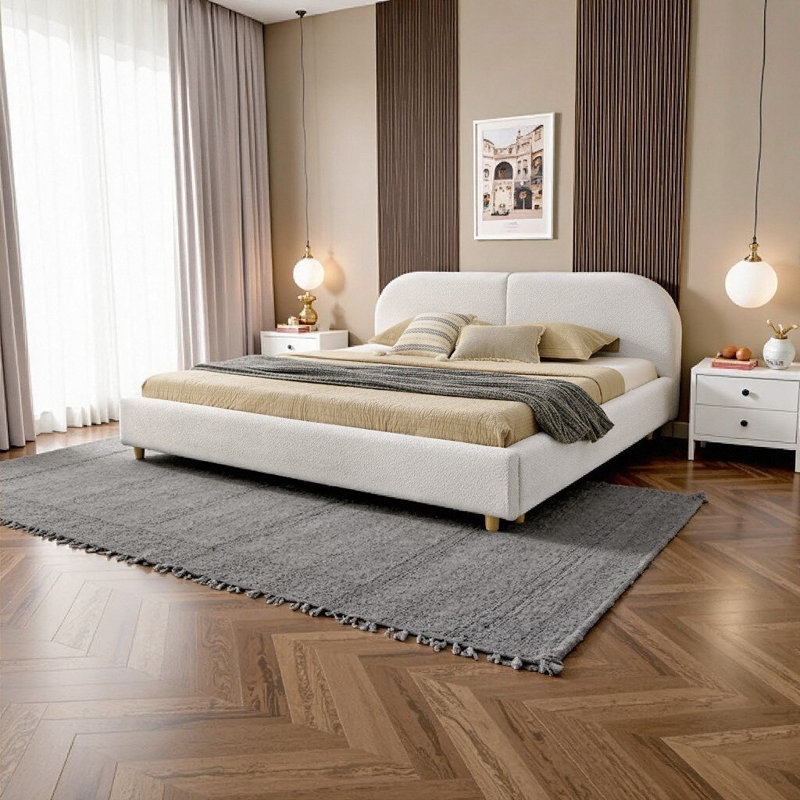 Structure de lit tapissier très grand - style minimaliste moderne avec grande tête de lit courbée, beige, Beige