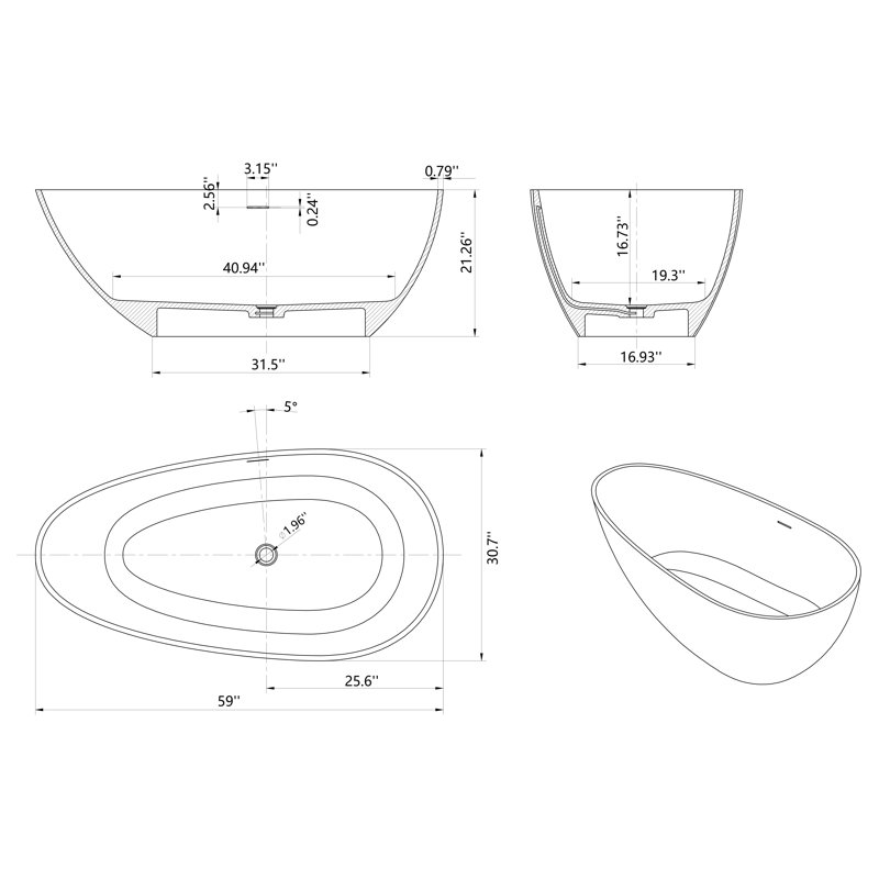 Baignoire autoportante de 59 po à surface solide avec finition en marbre de style encre, baignoire en pierre de résine de conception d'œuf avec dossier