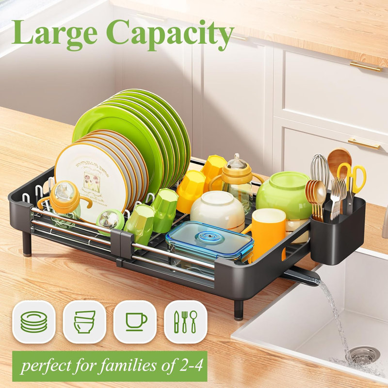 Expandable Satin Black Stainless Steel Dish Drying Rack with Utensil Holder