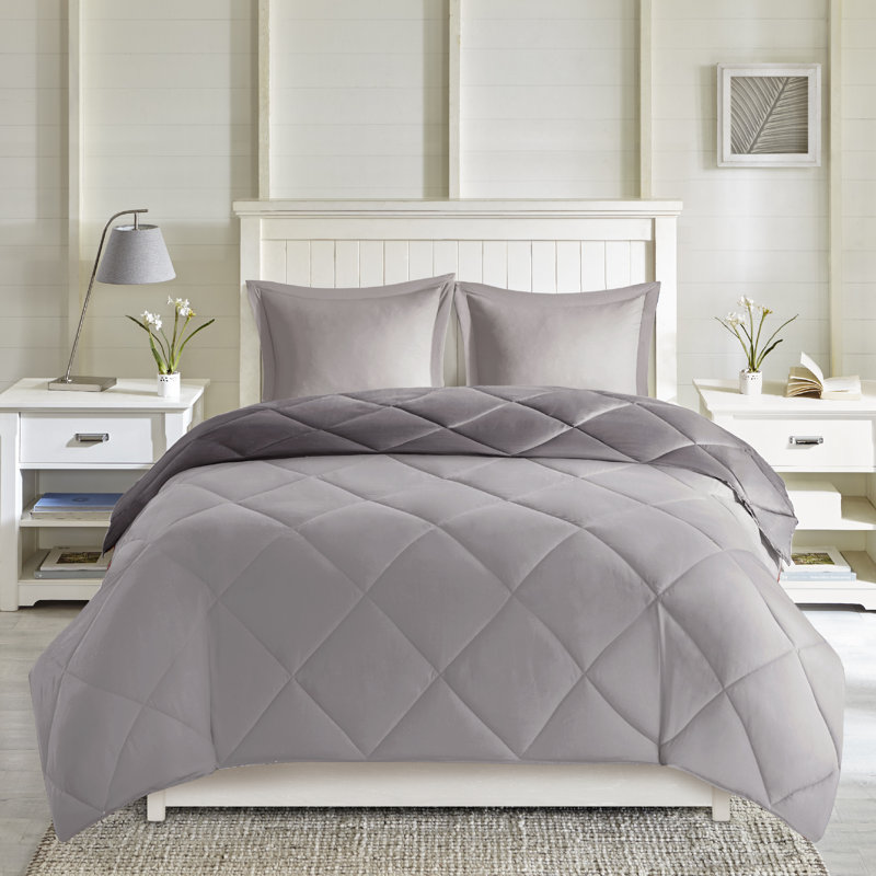 Larkspur 3M Scotchgard Reversible Down Alt Comforter Set, Dark Gray/Gray, King/California King Comforter + 2 King Shams