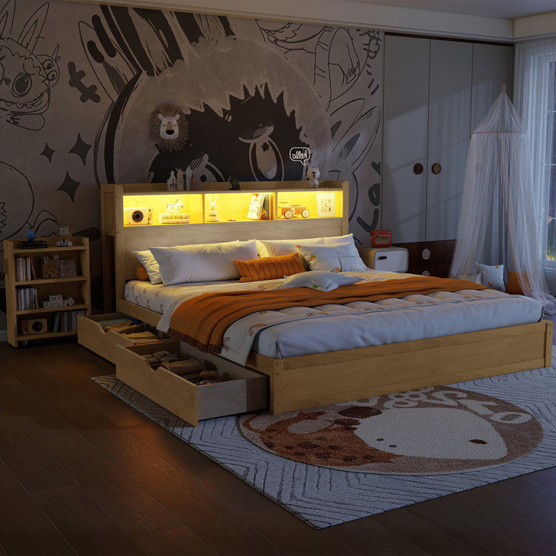 Lit plateforme très grand en bois naturel avec tiroirs et tête de lit escamotable, Natural, King