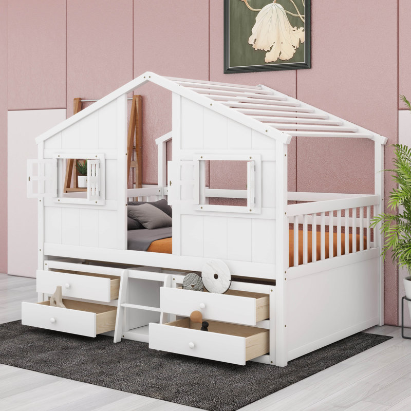 Lit plateforme double pleine grandeur avec toit semi-fermé, fenêtres fermables, 4 tiroirs de rangement, Blanc