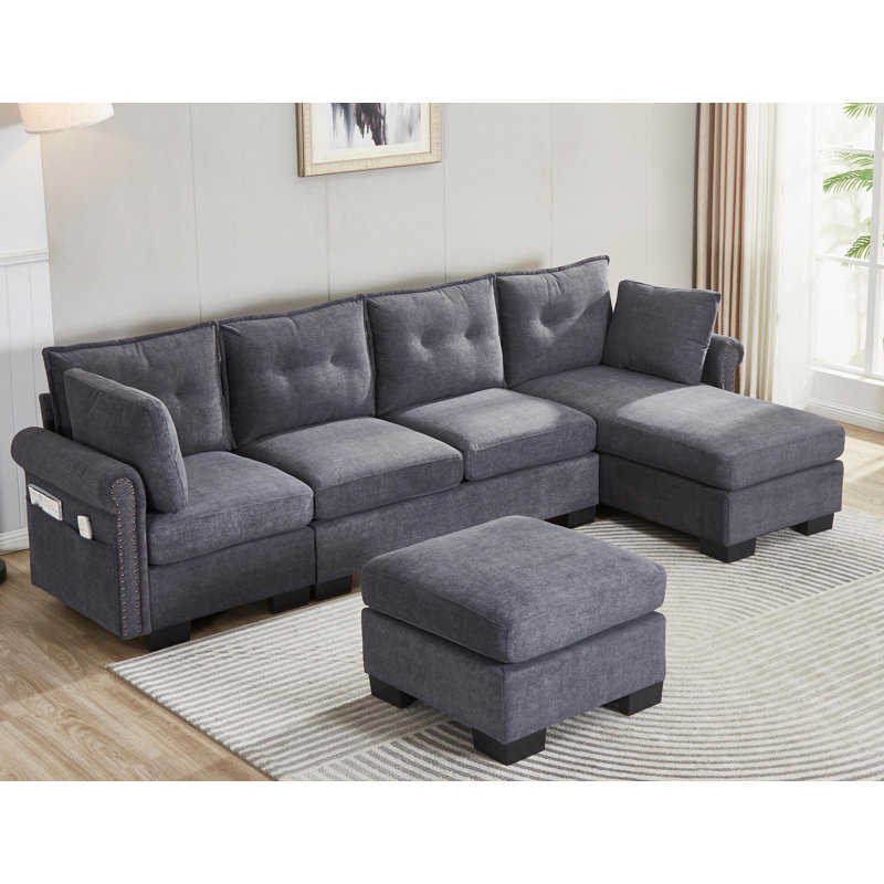 U Shaped Sectional Couches, Modular Sectional Sofa With Ottoman, Gray Polyester