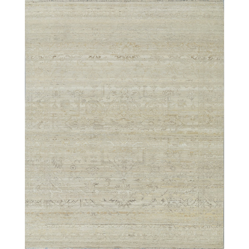 High-Quality Hand-Knotted Ivory And Beige Area Rug, Rectangle 10' x 14'