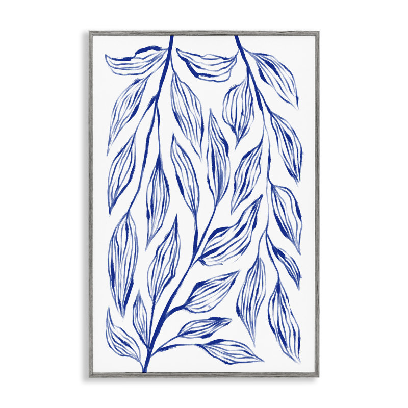 Feuilles bleues simples sur estampe numérique blanche, design par Martina Pavlova, Estampe numérique Farmhouse