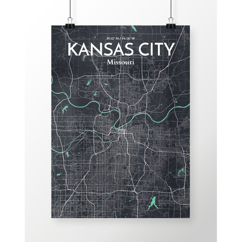«Kansas City Map», reproduction d'impression sur affiche en noir, H 17 po x l 11 po