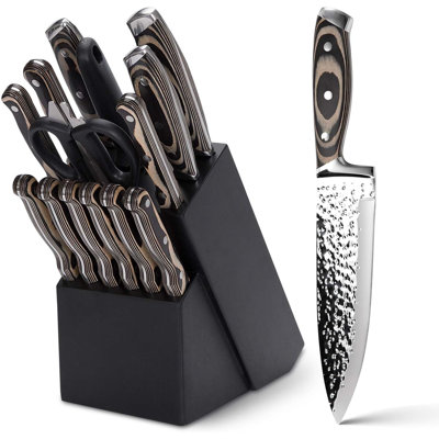 Ensemble de 15 couteaux de cuisine gris et noir avec bloc en bois