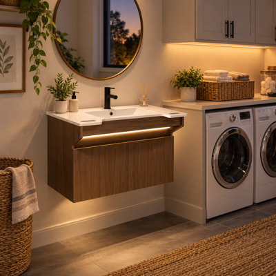 32" Resin Sink Wall-Mounted Bathroom Vanity with Motion-Sensor LED Light, Side Handles & ADA-Friendly Design